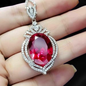 Victorian Ruby Shield Pendant 14K White Gold, Antique Oval Red Gemstone Crown Necklace, Edwardian Tiered Pavé Halo Pendant, July Birthstone