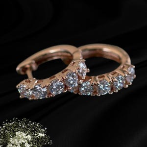 Op de afbeelding: Een paar roségouden oorringen met een rij ronde, heldere, gefacetteerde stenen langs de voorzijde van elke ring. De oorbellen zijn voorzien van een scharniersluiting en een gepolijste metalen afwerking die het licht op de stenen laat schitteren.