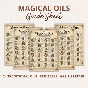Op de afbeelding: Een verzameling van vijf identieke beige referentiebladen getiteld MAGICAL OILS Traditional Uses & Meanings, met een raster van 24 botanische illustraties met bijbehorende tekstlabels. De tekst 24 TRADITIONAL OILS | PRINTABLE | A4 & US LETTER staat onderaan.