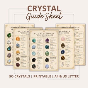 Può includere: Un set di cinque fogli informativi color beige intitolati Crystal Guide Sheet e Crystal Meanings & Properties Guide. Ogni foglio presenta elenchi numerati di vari cristalli colorati con i loro nomi e proprietà stampati in testo nero.