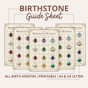 May include: A printable birthstone guide sheet featuring the text Birthstone Guide Sheet and Birthstone Meanings. The chart displays twelve months with corresponding gemstone illustrations and descriptive keywords for each birthstone, available in A4 and US Letter sizes.