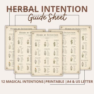 Könnte beinhalten: Eine Sammlung von fünf identischen cremefarbenen Anleitungsblättern mit dem Titel HERBAL INTENTION. Jedes Blatt enthält ein Raster mit botanischen Illustrationen und Texten, die nach Absichten wie Protection, Love und Prosperity geordnet sind. Der Text umfasst 12 MAGICAL INTENTIONS | PRINTABLE | A4 & US LETTER.