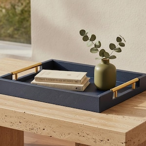 Navy Blue Faux Leather Serving Tray with Gold Handles, Large Ottoman Coffee Table Tray, Decorative Rectangular Tray