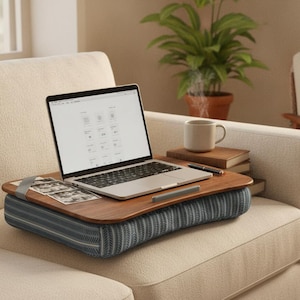 Wooden Lap Desk with Phone Holder, Cushion Base, Portable Laptop Tray for Bed Couch Sofa, Fits 15.6 Inch Laptops