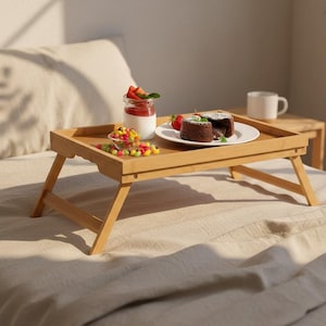 Bamboo Bed Tray Table with Folding Legs, Breakfast in Bed Tray, Laptop Desk, Sofa Serving Tray, Wooden Snack Table