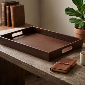 May include: A rectangular dark brown serving tray with a smooth, solid finish and two integrated cutout handles on the shorter sides. The tray features a flat base and raised edges, providing a clean, open surface for organizing or carrying items.