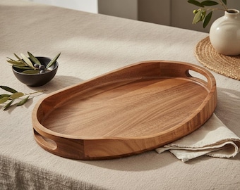 Acacia Wood Serving Tray with Handles, Oval Ottoman Tray, Breakfast in Bed Tray, Coffee Table Decor, Candle Display Tray