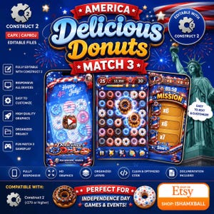 May include: A digital game asset bundle titled Delicious Donuts Match 3 featuring three smartphone screens displaying gameplay, a Statue of Liberty graphic, fireworks, and text including Happy 4th of July, Construct 2, and editable file information.
