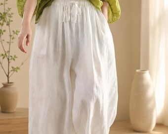 Damen-Haremshose aus Baumwoll-Leinen-Mischgewebe, einfarbige, lässige Sommerhose, Boho-Loungewear-Hose mit weitem Bein