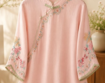 Vintage Style Floral Embroidered Blouse, Chinese Tang Top,  Casual Shirt, Boho  Summer Shirt