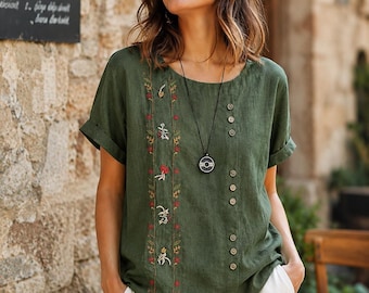 Embroidered Linen Shirt, Floral Cotton Blouse, Summer Casual Boho Top, Comfortable Everyday Wear