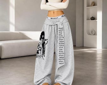 Pantalones deportivos holgados estilo Y2K para mujer, de pierna ancha y con estampado gráfico / Pantalones deportivos holgados de estilo urbano