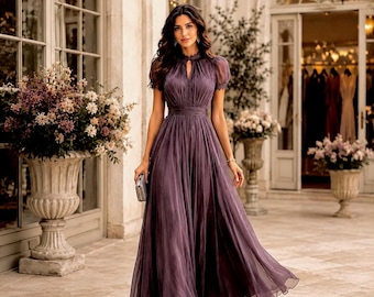 Maxi-jurk met geplooide mesh, elegante avondjurk, jurk bruiloftsgast, bruidsmeisjesjurk