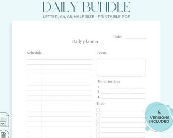 Minimalist Daily Planner Printable, Simple Daily Organizer PDF, Clean Productivity Page, Day on One Page Layout, Student Routine, 5 Versions