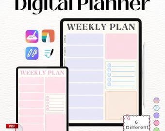iPad用デジタル週間プランナー、美的週間スケジュールPDF、Goodnotesプランナーテンプレート、週間オーガナイザー（6色入り）。