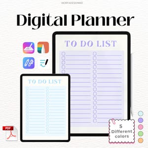 Puede incluir: Un planificador digital mostrado en dos pantallas de tableta con el texto Digital Planner y TO DO LIST. Las pantallas muestran un formato de lista con casillas de verificación. Se ven cuatro iconos de aplicaciones, un lápiz óptico y cinco círculos.