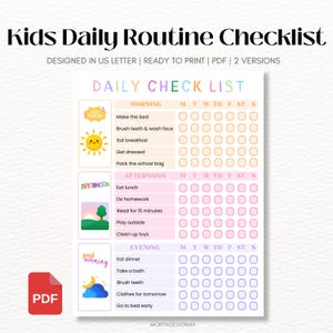 Puede incluir: Un documento PDF imprimible de lista de control de rutina diaria para niños con secciones para mañana, tarde y noche. El diseño incluye iconos coloridos de un sol, un paisaje y una luna, con columnas para los días y casillas de verificación.