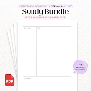Puede incluir: Un paquete de estudio digital en PDF imprimible con una pila de páginas blancas y texto negro. El encabezado dice Study Bundle, Instant Digital Download y 12 Versions Included. El diseño de la página incluye secciones para Keywords, Notes y Summary.
