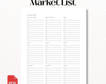 食料品リストテンプレート、スーパーマーケット用印刷可能買い物リスト、ミニマルなマーケットリストPDF、週ごとの食事準備食料品プランナー、A4＆USレターサイズ