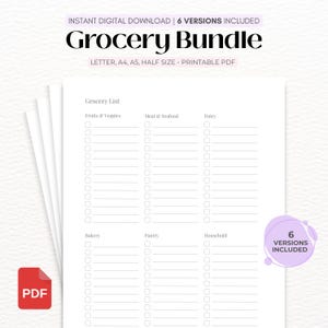 Puede incluir: Una plantilla de lista de la compra imprimible con seis secciones categorizadas: Fruits & Veggies, Meat & Seafood, Dairy, Bakery, Pantry y Household. El documento incluye casillas de verificación y líneas, con texto que indica una descarga digital.
