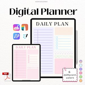 Puede incluir: Un planificador digital mostrado en dos pantallas de tableta con el texto DAILY PLAN. El diseño incluye una sección rayada, una lista de verificación, iconos de consumo de agua y rastreadores de estado de ánimo. Un lápiz óptico, un icono PDF y seis círculos de color.