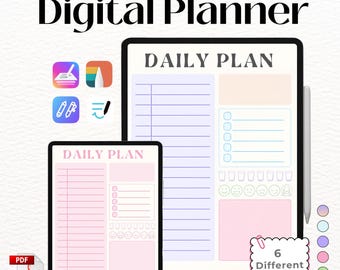 デイリーデジタルプランナーPDF、おしゃれなデイリースケジュール、USレターサイズ印刷可能プランナー、Goodnotesテンプレート、iPadプランナー