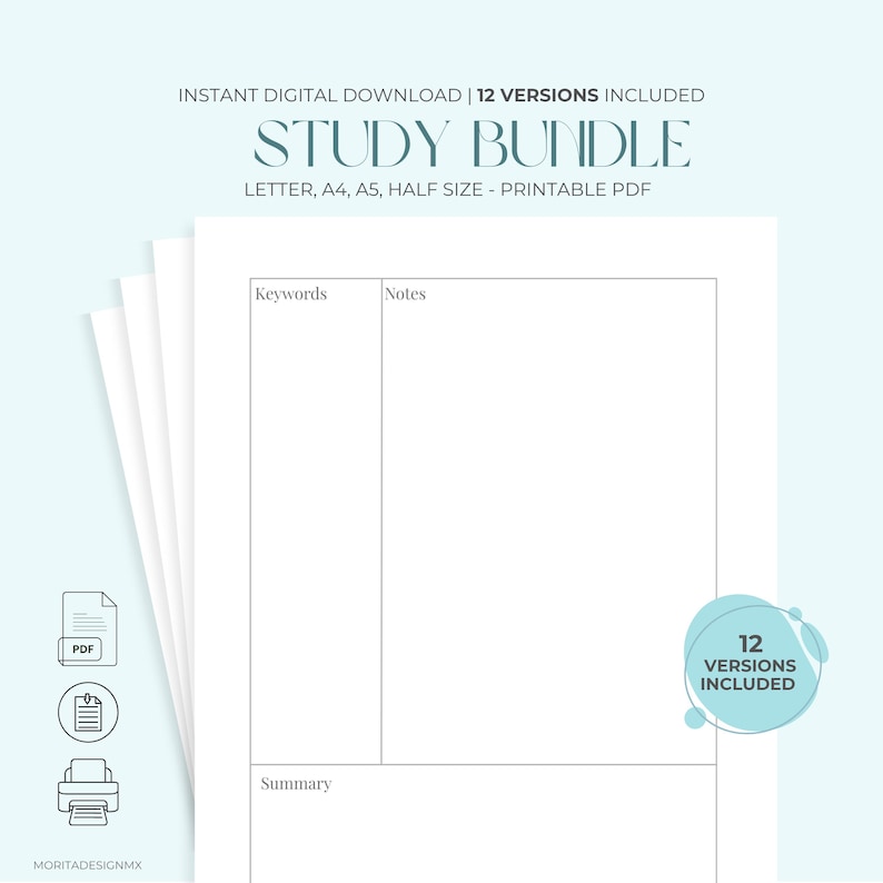 K&ouml;nnte beinhalten: Ein digitales Studienpaket als druckbares PDF mit einem Layout mit Abschnitten f&uuml;r Keywords, Notes und Summary. Der Text lautet STUDY BUNDLE, INSTANT DIGITAL DOWNLOAD, 12 VERSIONS INCLUDED, LETTER, A4, A5, HALF SIZE und 12 VERSIONS INCLUDED.