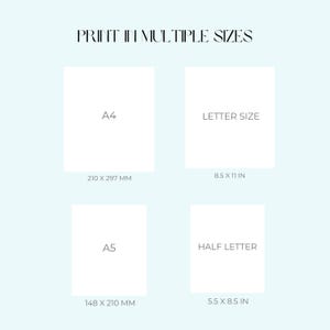 K&ouml;nnte beinhalten: Eine hellblaue Infografik mit dem Titel PRINT IN MULTIPLE SIZES. Sie zeigt vier wei&szlig;e Rechtecke mit den Bezeichnungen A4 (210 x 297 mm), LETTER SIZE (8.5 x 11 in), A5 (148 x 210 mm) und HALF LETTER (5.5 x 8.5 in) zur Angabe der Druckformate.
