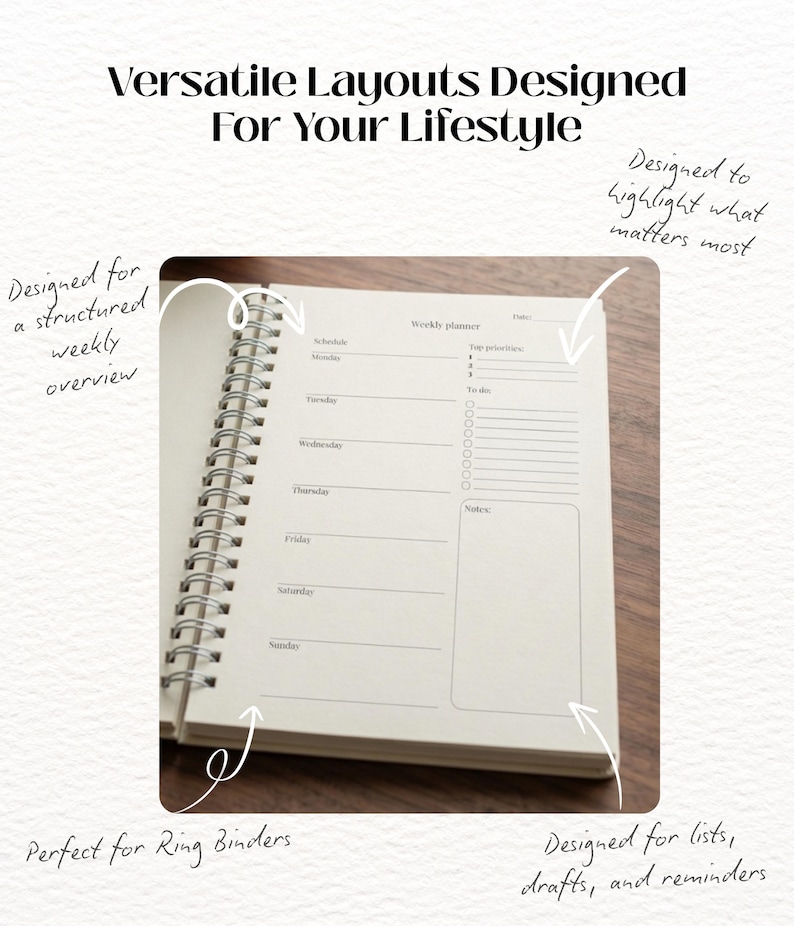 May include: A spiral-bound weekly planner with off-white pages featuring black printed text. The layout includes sections for a schedule from Monday to Sunday, top priorities, a to-do list with checkboxes, and a notes box. Text reads: Versatile Layouts Designed For Your Lifestyle, Designed for a structured weekly overview, Designed to highlight what matters most, Perfect for Ring Binders, Designed for lists, drafts, and reminders.