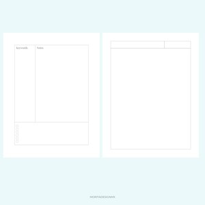 K&ouml;nnte beinhalten: Ein zweiseitiges Planer-Layout mit d&uuml;nnen schwarzen Linien auf wei&szlig;em Hintergrund. Die linke Seite enth&auml;lt Spalten mit der Beschriftung Keywords und Notes sowie einen Checklistenbereich am unteren Rand. Die rechte Seite hat einen Kopfbereich. Der Text MORITADESIGNMX steht unten.