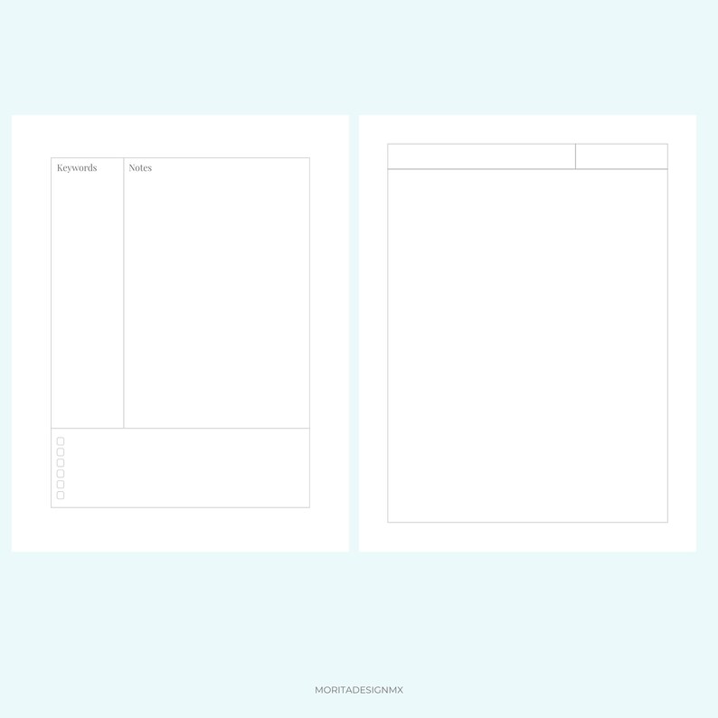 K&ouml;nnte beinhalten: Ein zweiseitiges Planer-Layout mit d&uuml;nnen schwarzen Linien auf wei&szlig;em Hintergrund. Die linke Seite enth&auml;lt Spalten mit der Beschriftung Keywords und Notes sowie einen Checklistenbereich am unteren Rand. Die rechte Seite hat einen Kopfbereich. Der Text MORITADESIGNMX steht unten.