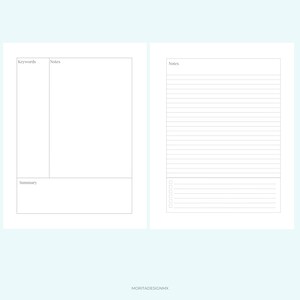 K&ouml;nnte beinhalten: Ein zweiseitiges Planer-Layout mit einer linken Seite, die in die Bereiche Keywords, Notes und Summary unterteilt ist, und einer rechten Seite mit einem linierten Notizbereich und einer Checkliste. Der Text MORITADESIGNMX ist unten mittig aufgedruckt.