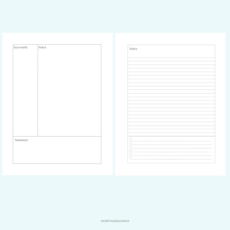 K&ouml;nnte beinhalten: Ein zweiseitiges Planer-Layout mit einer linken Seite, die in die Bereiche Keywords, Notes und Summary unterteilt ist, und einer rechten Seite mit einem linierten Notizbereich und einer Checkliste. Der Text MORITADESIGNMX ist unten mittig aufgedruckt.
