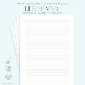 Puede incluir: Una pila de hojas de papel rayado blanco con el texto LINED PAPER, LETTER, A4, A5, HALF SIZE - PRINTABLE PDF, e INSTANT DIGITAL DOWNLOAD | 2 VERSIONS INCLUDED. Se muestran tres iconos pequeños que representan un archivo PDF, un documento y una impresora.