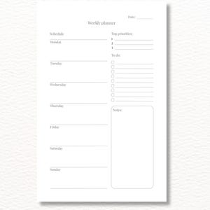 May include: A white weekly planner sheet with black text featuring a date line, a schedule section for Monday through Sunday, a top priorities list numbered one to three, a to-do list with circular checkboxes, and a rectangular notes box at the bottom.
