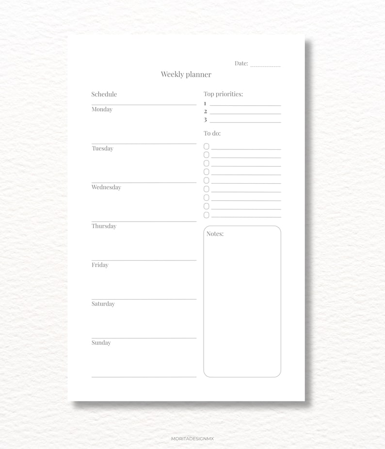 May include: A white weekly planner sheet with black text featuring a date line, a schedule section for Monday through Sunday, a top priorities list numbered one to three, a to-do list with circular checkboxes, and a rectangular notes box at the bottom.