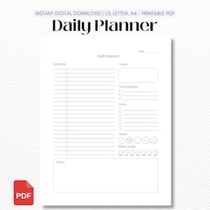 Puede incluir: Una página de planificador diario imprimible en blanco con secciones para horario, enfoque, prioridades, lista de tareas, rastreador de estado de ánimo, rastreador de consumo de agua y un cuadro de notas. El texto dice Daily Planner.