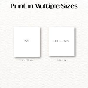 May include: A graphic display titled Print in Multiple Sizes showing two white rectangular paper formats. The left rectangle is labeled A4 with 210 x 297 mm below it. The right rectangle is labeled LETTER SIZE with 8.5 x 11 in below it.