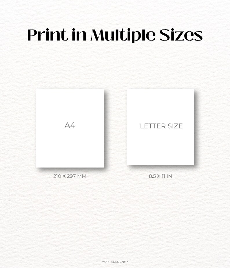 May include: A graphic display titled Print in Multiple Sizes showing two white rectangular paper formats. The left rectangle is labeled A4 with 210 x 297 mm below it. The right rectangle is labeled LETTER SIZE with 8.5 x 11 in below it.