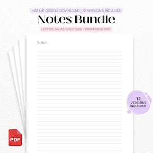 Puede incluir: Un paquete de notas digitales con una pila de hojas blancas con líneas horizontales y la palabra Notes en la parte superior. El texto dice Notes Bundle, Letter, A4, A5, Half Size - Printable PDF y 12 Versions Included. Se ve un icono PDF rojo.