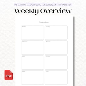 Puede incluir: Un documento de planificador semanal imprimible con el texto Weekly Overview en la parte superior. El diseño incluye ocho cajas rectangulares etiquetadas como Monday, Tuesday, Wednesday, Thursday, Friday, Saturday, Sunday y Notes.
