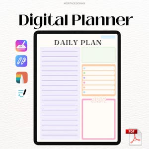 Puede incluir: Un planificador digital en la pantalla de una tableta con el texto Digital Planner y Daily Plan. El diseño incluye una sección con líneas moradas, un recuadro verde claro, una lista naranja con puntos de colores y una nota rosa con cinta.