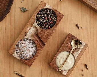 Wooden Spice Box, Double Salt Cellar, Dipping Sauce Dish, Dipping Bowl, Kitchen Decor, New Home Gift