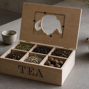 Wooden Tea Organizer, Tea Box with 6 Compartments, Loose Leaf Tea Storage, Thank You Gift, Kitchen Decor, Housewarming Gift