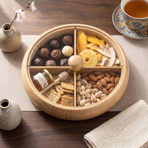 Caixa de madeira para petiscos, organizador redondo de nozes, porta-frutas secas redondo, presente de boas-vindas, decoração de cozinha, presente para casa nova