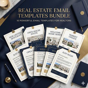 Könnte beinhalten: Eine Sammlung von Immobilien-E-Mail-Vorlagen mit weißen Seiten, goldenen Rändern, marineblauen Akzenten und Immobilienfotos. Der Text lautet Real Estate Email Templates Bundle und 10 Powerful Email Templates for Realtors.