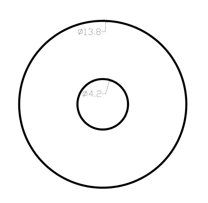 K&ouml;nnte beinhalten: Eine schwarze Strichzeichnung einer Unterlegscheibe oder Ringform. Der &auml;u&szlig;ere Kreis hat einen Durchmesser von 13,8 cm und das innere kreisf&ouml;rmige Loch hat einen Durchmesser von 4,2 cm. Das Design ist als technisches Diagramm auf wei&szlig;em Grund dargestellt.