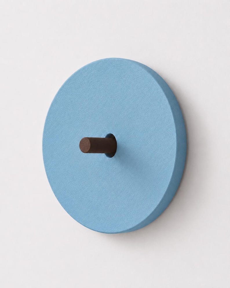 K&ouml;nnte beinhalten: Ein runder Wandhaken mit einer flachen, hellblauen Scheibe als Basis und einer glatten, matten Oberfl&auml;che. Ein kleiner, zylindrischer dunkelbrauner Stift ragt aus der Mitte der Scheibe hervor und dient als funktionaler Punkt zum Aufh&auml;ngen.