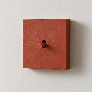 Può includere: Un interruttore della luce quadrato color terracotta con una finitura opaca e testurizzata. L'interruttore presenta una singola leva a levetta cilindrica che sporge dal centro della piastra quadrata, abbinata al colore e alla consistenza della base.