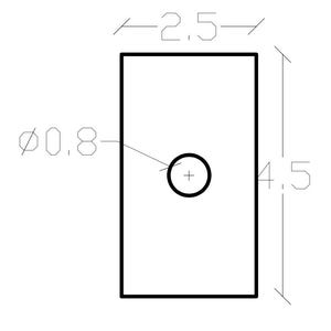 May include: A technical line drawing of a rectangular plate with a centered circular hole. The rectangle measures 2.5 inches in width and 4.5 inches in height. The central circular hole has a diameter of 0.8 inches, indicated by a leader line.